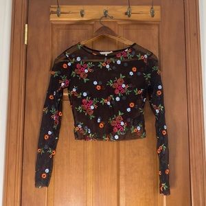 Transparent long sleeve flower embroidered top urban outfitters